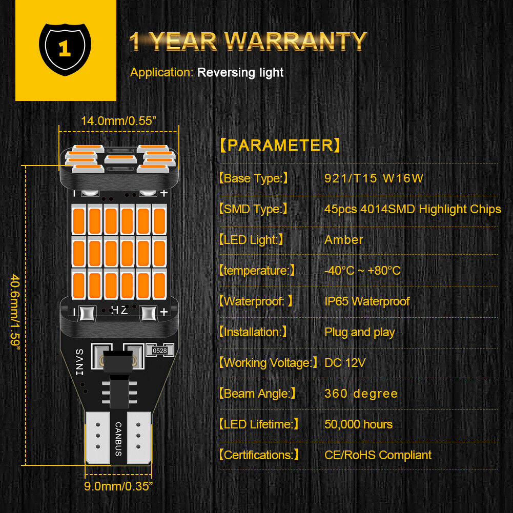 Canbus 45 Smd T16 T15 921 W16W LED Bulb Car indicators Bulb Car indicator lights Backup Reverse Lights and for Parking lights (2 pcs